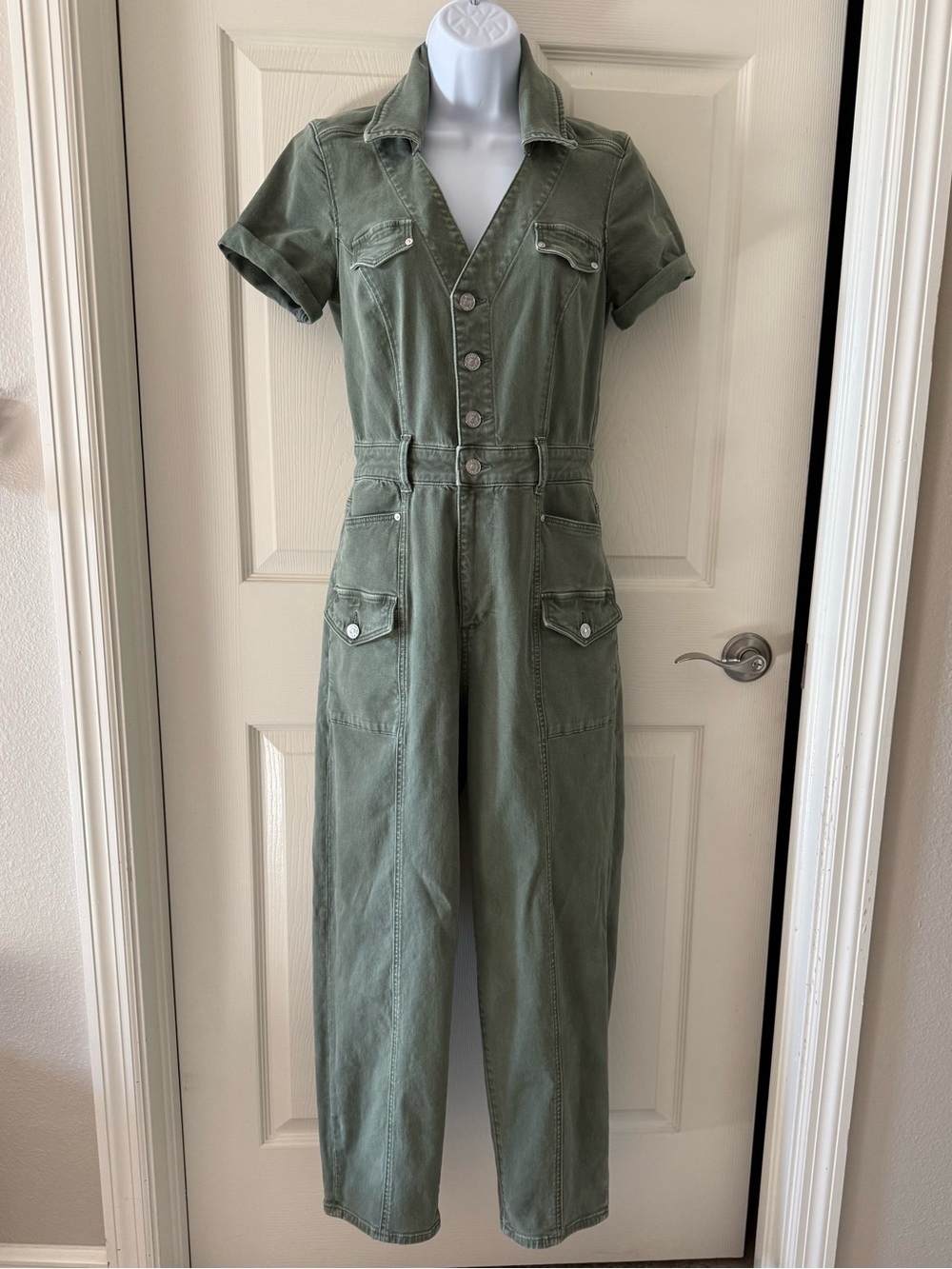 PAIGE Alexis Cargo Jumpsuit Vintage Green Denim Short Sleeve Barrel Leg Size 2 E